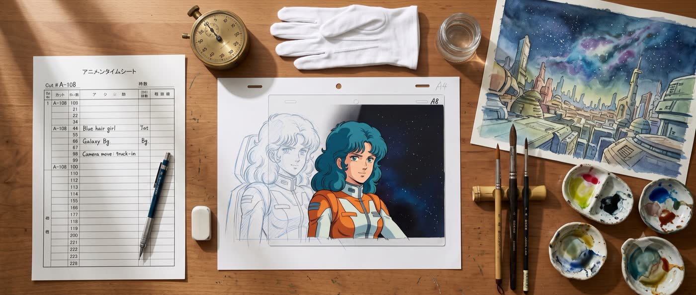 原画・セル・背景美術・タイムシートが並ぶ制作机のフラットレイ